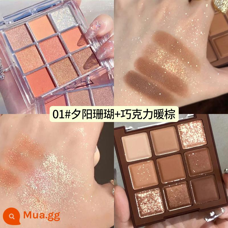 Bảng phấn mắt sô cô la Jiugongge Long lanh bột ngọc trai Matte Earth Color Pure Desire Trang điểm khỏa thân Parity Student Phấn mắt 9 màu - [2 hộp] 1# Sunset Coral + Nâu Chocolate (tặng kèm phấn mắt)