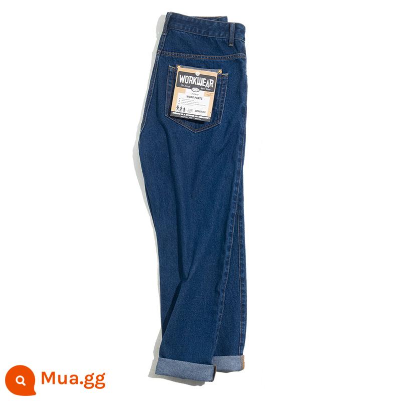 Madden Dụng Cụ Retro Rửa Sạch Quần Jean Denim Thẳng Màu Xanh Đậm Rời Phong Cách Hồng Kông Ống Rộng Bố Quần Dài Nam mùa Thu - Màu xanh denim