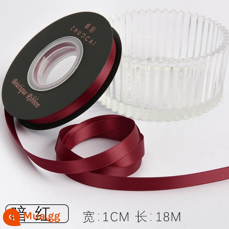 Zhuocai 1 cm hai mặt sợi polyester ruy băng bó hộp quà tặng bao bì nướng phụ kiện tóc bện tóc buộc tóc nơ - đỏ sẫm