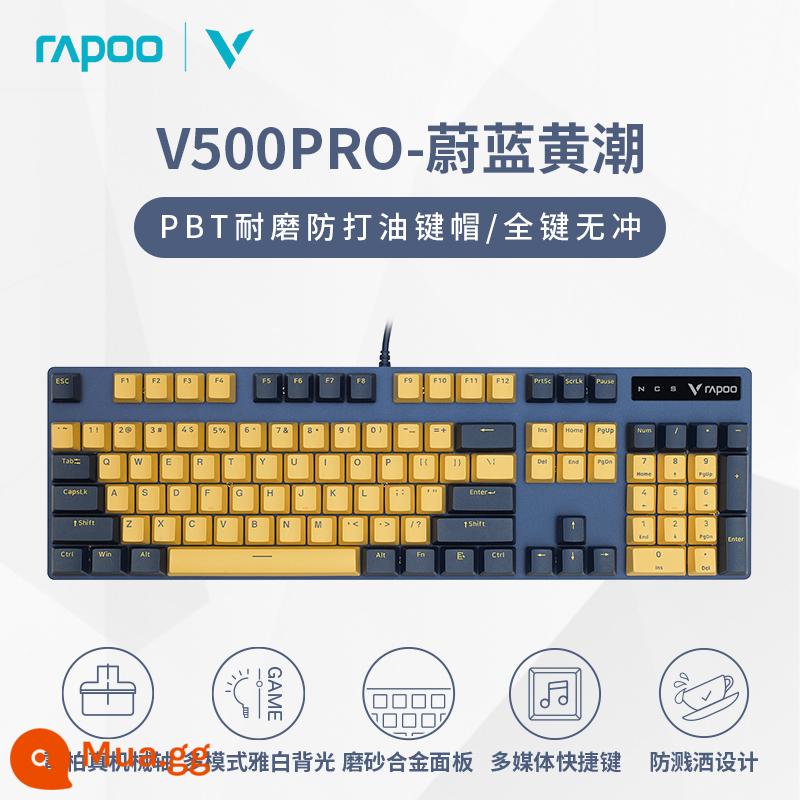 Rapoo V500PRO Bàn phím cơ đôi chính tả màu trà xanh đỏ đen trục máy tính văn phòng trò chơi điện cạnh tranh có dây 104 phím - [Kết hợp màu vàng và xanh lam] Keycap PBT 104 phím - đèn trắng