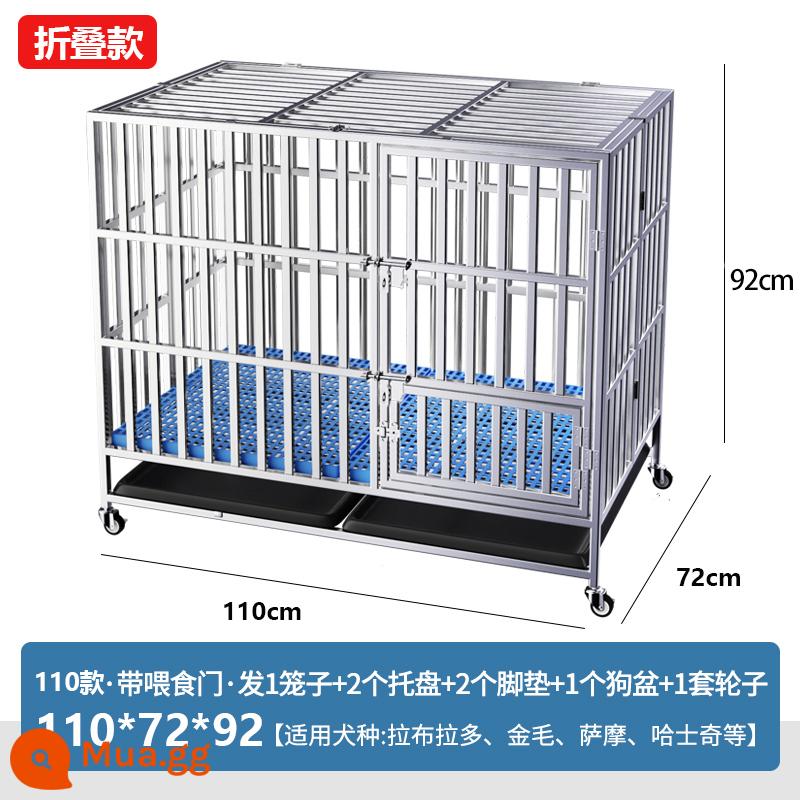 Chuồng chó bằng thép không gỉ cỡ lớn chuồng chó cỡ vừa trong nhà gấp nhỏ có toilet cho thú cưng Golden Retriever cũi một lớp - Ống vuông gấp 110*72*92 được hàn hoàn toàn + miếng lót chân [có bát + khay cho chó]