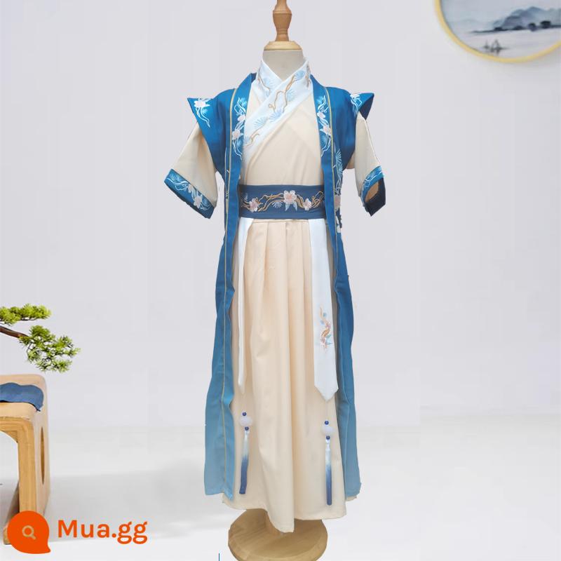 Hanfu nam 2023 mùa xuân mới và mùa hè cao cấp dành cho trẻ em nghiên cứu Trung Quốc thiếu gia trang phục biểu diễn trang phục cổ trang Tang phù hợp với phong cách Trung Quốc siêu cổ tích - tay áo ngắn màu xanh