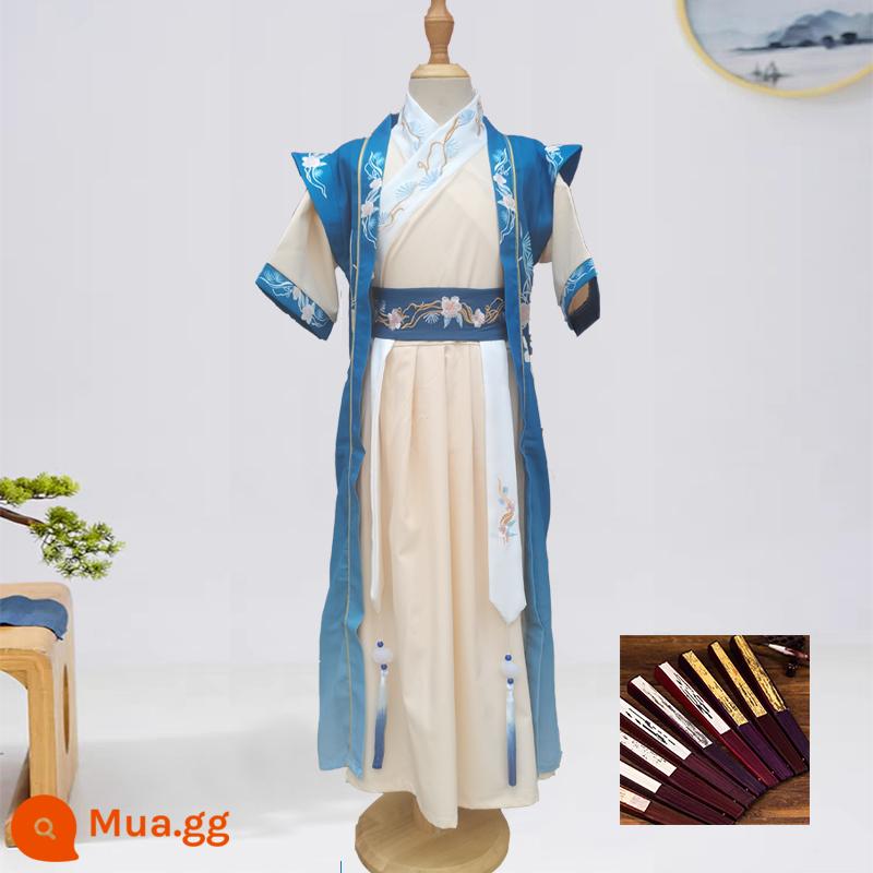 Hanfu nam 2023 mùa xuân mới và mùa hè cao cấp dành cho trẻ em nghiên cứu Trung Quốc thiếu gia trang phục biểu diễn trang phục cổ trang Tang phù hợp với phong cách Trung Quốc siêu cổ tích - Tay áo ngắn màu xanh + quạt