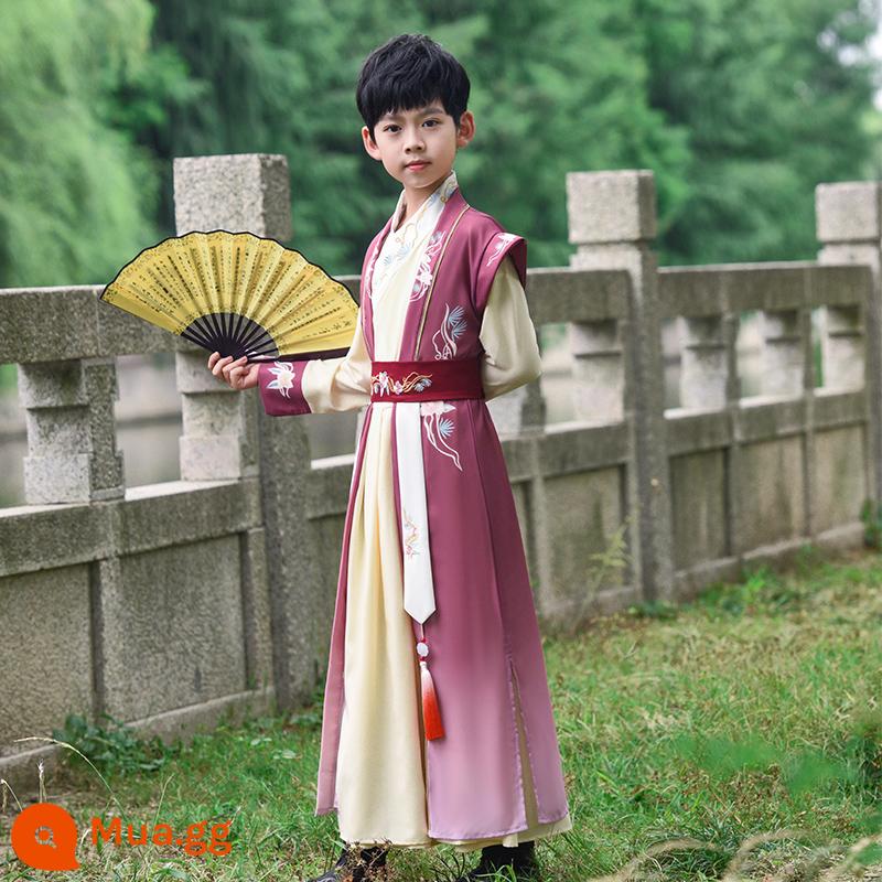 Hanfu nam 2023 mùa xuân mới và mùa hè cao cấp dành cho trẻ em nghiên cứu Trung Quốc thiếu gia trang phục biểu diễn trang phục cổ trang Tang phù hợp với phong cách Trung Quốc siêu cổ tích - quạt + đỏ