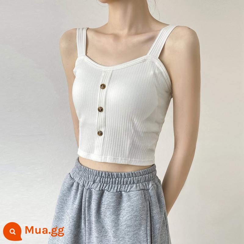 Áo vest ngắn bằng cotton phối ren có đệm ngực Áo khoác ngoài nữ kiểu Pháp không tay dây rốn dáng ôm vừa vặn đáy hợp thời trang - Trắng