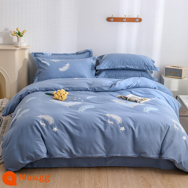 Bộ bốn mảnh cotton nguyên chất chải dày Tấm trải giường 100 cotton Vỏ chăn được trang bị tấm chăn ga gối đệm ký túc xá Vỏ chăn ba mảnh 4 - Lông màu xanh đầy màu sắc