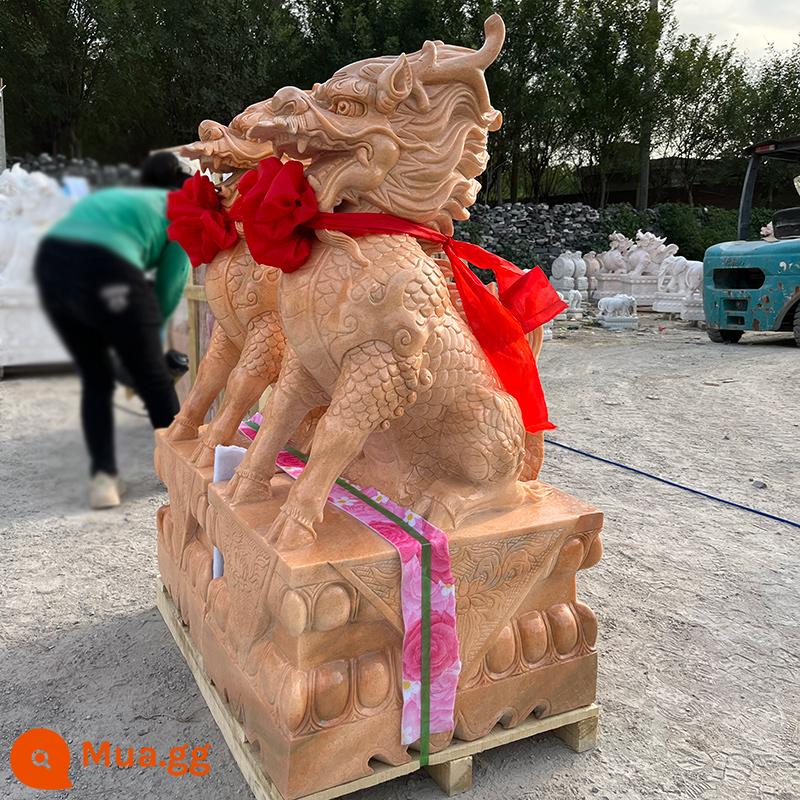 Đá khắc Kirin Một cặp Hanbai Jade Unicorn Auspicy Beasts, Green Stone, Sunset Red Animal Stor - Sunset Red, cao 80cm, có đôi, dài 42cm, rộng 28cm