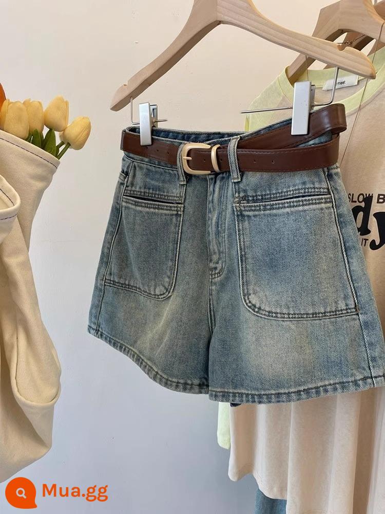 Hình quả lê quần short denim màu xanh retro nữ mùa hè cỡ lớn chất béo mm nhỏ eo cao mỏng quần ống rộng chữ A nóng bỏng - Màu xanh cổ điển (có đai miễn phí)