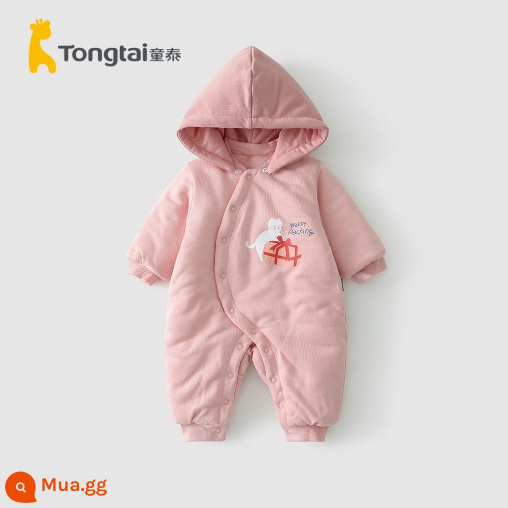 Tongtai mùa thu đông 0-6 tháng sơ sinh bé trai và bé gái quần áo trẻ em cotton mỏng bướm áo liền quần cotton nguyên chất dày dặn áo liền quần - Bộ áo liền quần có mũ trùm đầu - mèo con