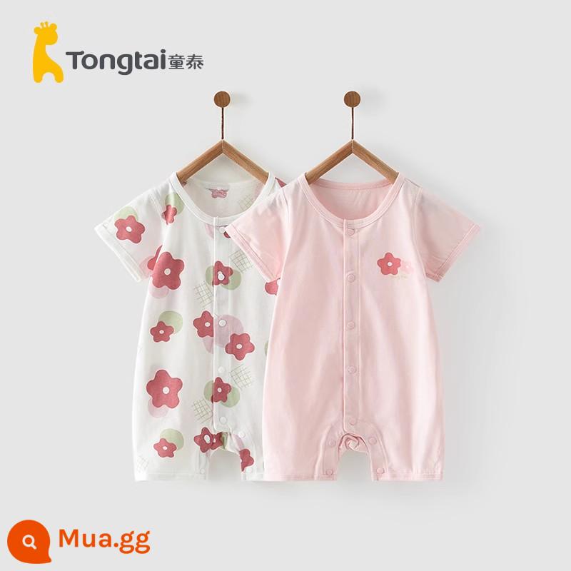 Tongtai mùa hè 1-18 tháng bé trai và bé gái quần áo trẻ em áo liền quần ngắn tay cotton 2 mảnh - Hoa màu hồng (kiểu kín đũng quần)