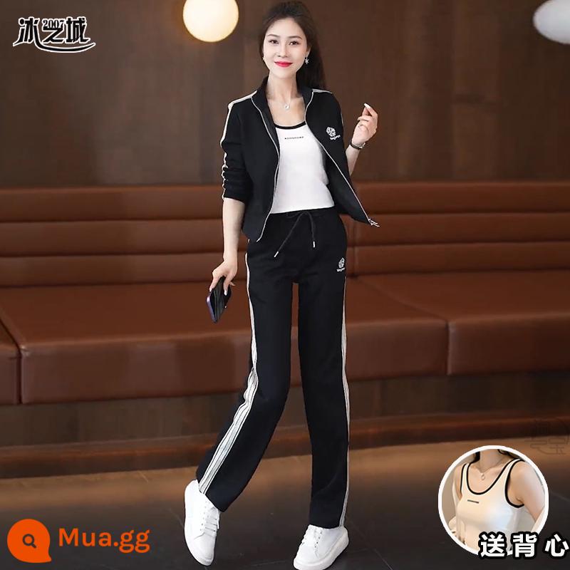 Bộ đồ thể thao thông thường cho nữ 2023 xuân thu thời trang mới giảm tuổi tác dây kéo cardigan quần ống rộng Bộ ba món - Suit đen + vest trắng