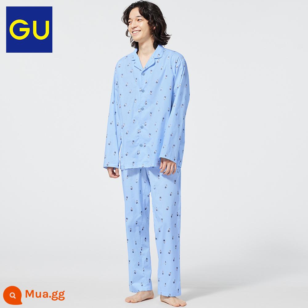 Bộ đồ ngủ cotton nam xuất sắc của GU (quần dài tay) (thú) thời trang giản dị mùa xuân 2023 344867 - 60 xanh nhạt