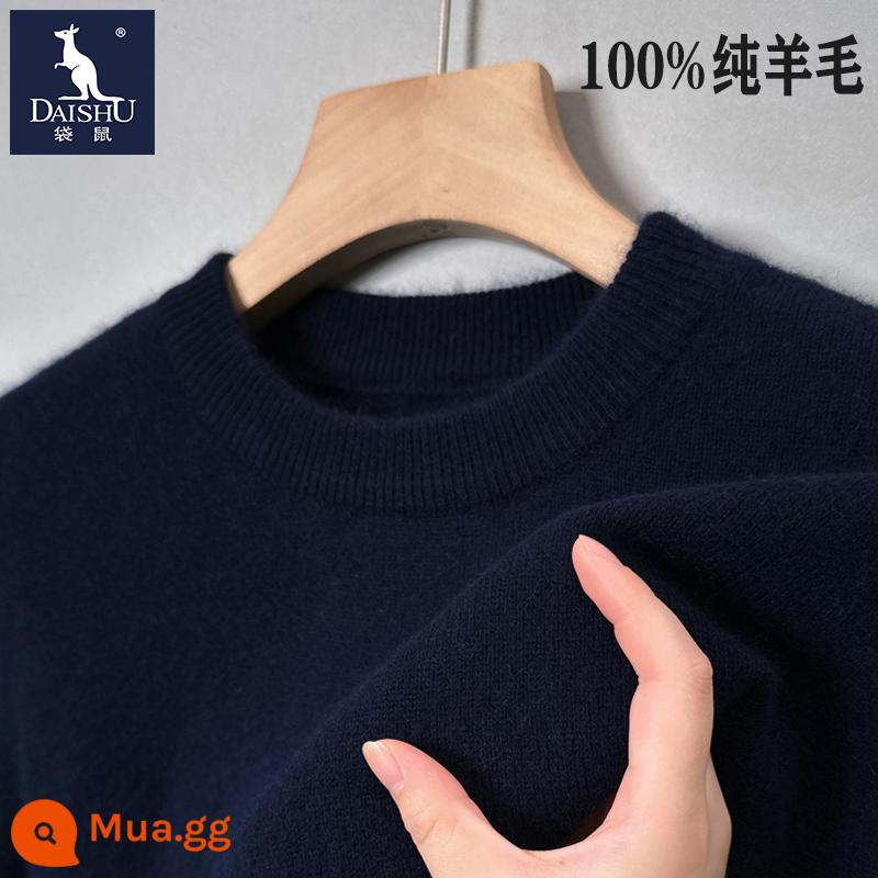 Kangaroo 100% nguyên chất áo len nam mùa đông mới cổ tròn dáng rộng áo len dệt kim ấm áp cashmere đáy áo len - [Gói đơn] Cổ tròn, dày và xanh