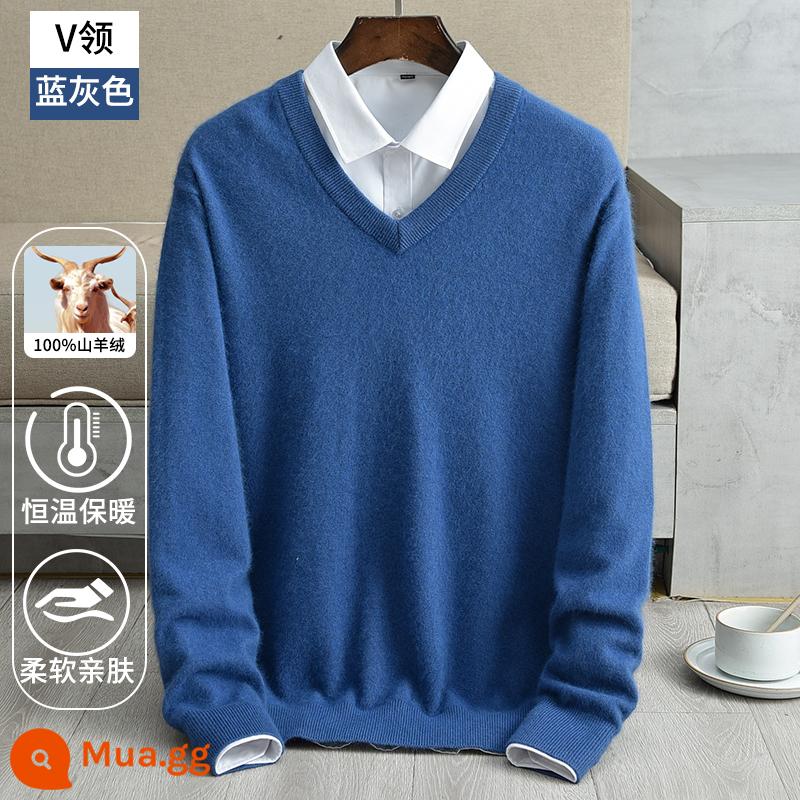 Ordos 100 Cashmere Pure Cashmere Đàn ông dày V -Neck Áo len mùa thu và mùa đông V -Neck Wool Shirt - Màu xanh xám (cổ chữ V)