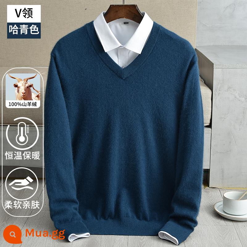 Ordos 100 Cashmere Pure Cashmere Đàn ông dày V -Neck Áo len mùa thu và mùa đông V -Neck Wool Shirt - Har xanh (cổ chữ V)