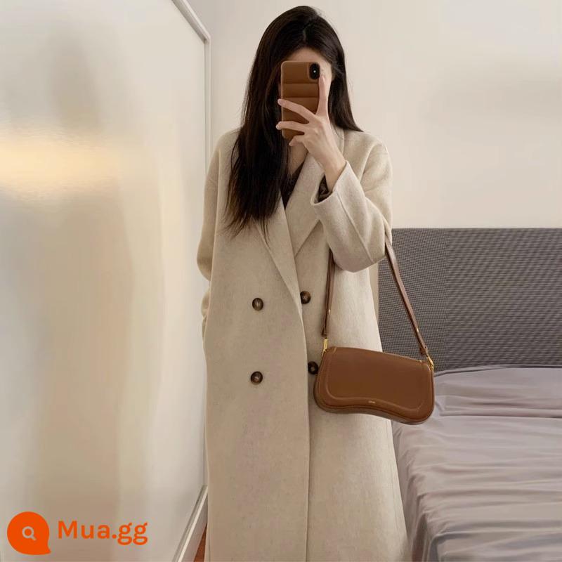 Áo khoác len cashmere trái mùa cho nữ dáng dài vừa mùa thu đông 2023 Áo khoác len cao cấp nhỏ mới phong cách Hàn Quốc - màu bột yến mạch