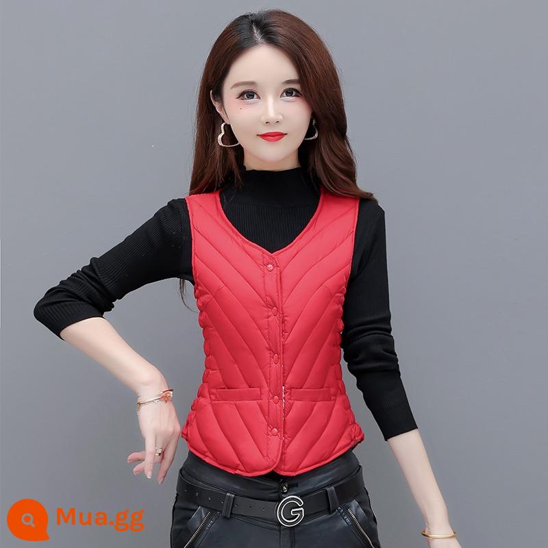 2023 Mới Mùa Thu Đông Xuống Cotton Áo Vest Nữ Nhung Dày Ấm Ngắn Cổ Chữ V Áo Mỏng Đa Năng Lớp Lót - Phiên bản đỏ-bình thường