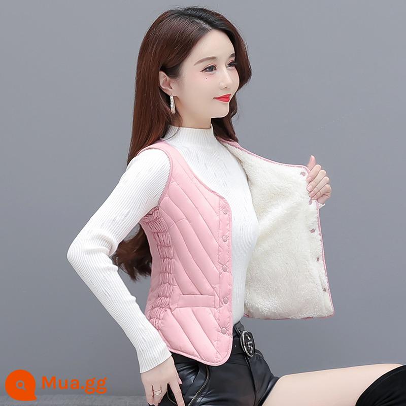 2023 Mới Mùa Thu Đông Xuống Cotton Áo Vest Nữ Nhung Dày Ấm Ngắn Cổ Chữ V Áo Mỏng Đa Năng Lớp Lót - Phiên bản thường màu hồng