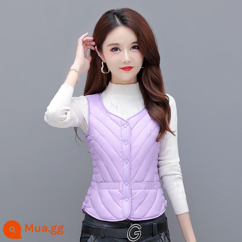 2023 Mới Mùa Thu Đông Xuống Cotton Áo Vest Nữ Nhung Dày Ấm Ngắn Cổ Chữ V Áo Mỏng Đa Năng Lớp Lót - Phiên bản thường màu tím nhạt