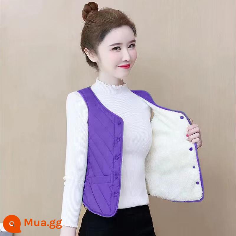 2023 Mới Mùa Thu Đông Xuống Cotton Áo Vest Nữ Nhung Dày Ấm Ngắn Cổ Chữ V Áo Mỏng Đa Năng Lớp Lót - Màu tím đậm-Phiên bản thường