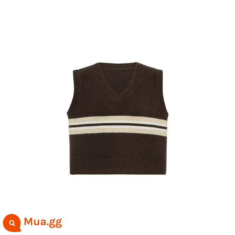 MEIYANG Maillard Áo Vest Len Văn Học Retro_Contrast Màu Sắc Sọc Cổ Chữ V Ngắn Dệt Kim Vest - Màu cà phê đậm (hết hàng trong vòng 3 ngày)