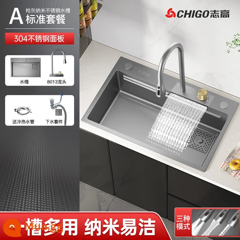 Zhigao 304 Hộ Gia Đình Nhà Bếp Inox Lớn Bồn Rửa Đơn Hướng Dẫn Sử Dụng Bồn Rửa Bàn Lên Xuống Bát Lưu Vực Hồ Gói 582 - [Nâng cấp] Súng xám 68X46CM + Raindance Inlay phẳng