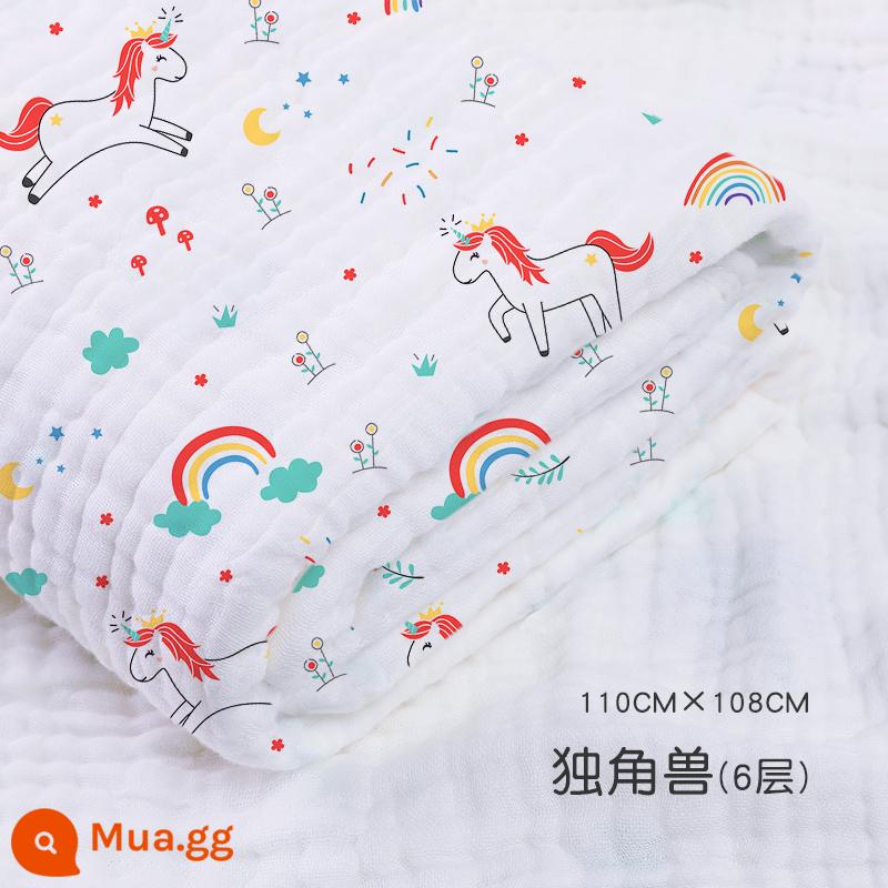 Jie Liya khăn tắm cho bé sơ sinh cotton nguyên chất siêu mềm thấm lớn khăn tắm cho bé sơ sinh sản phẩm dành cho trẻ em - Rainbow Unicorn-[6 lớp sợi cotton mật độ cao] 110*108cm