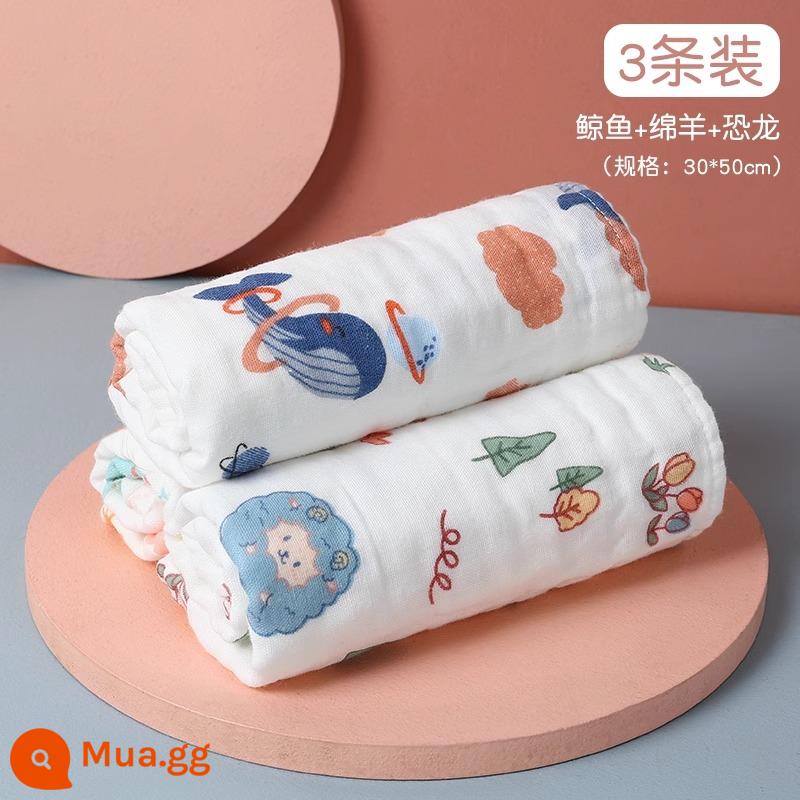 Khăn trẻ em Jie Liya cotton nguyên chất cotton rửa mặt hộ gia đình khăn gạc cho bé khăn tắm bé gái và bé trai - [3 Gói] Cá Voi + Cừu + Khủng Long (30*50cm) 6 lớp sợi