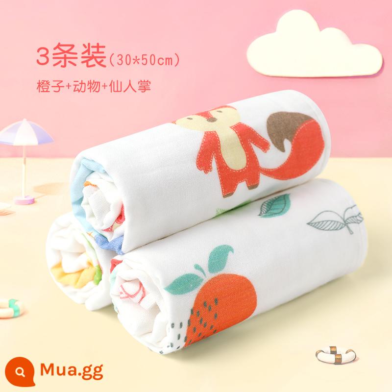 Khăn trẻ em Jie Liya cotton nguyên chất cotton rửa mặt hộ gia đình khăn gạc cho bé khăn tắm bé gái và bé trai - [3 Gói] Voi Cam (30*50cm) 6 lớp sợi