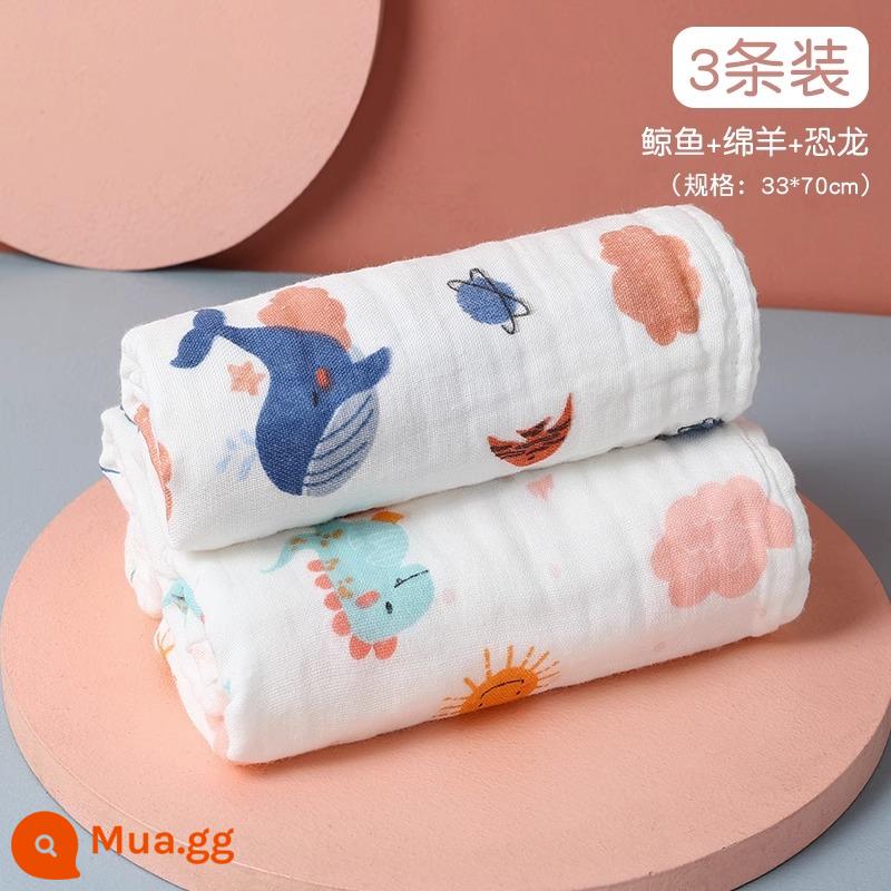 Khăn trẻ em Jie Liya cotton nguyên chất cotton rửa mặt hộ gia đình khăn gạc cho bé khăn tắm bé gái và bé trai - [3 Gói] Cá Voi + Cừu + Khủng Long (33*70cm) 6 lớp sợi