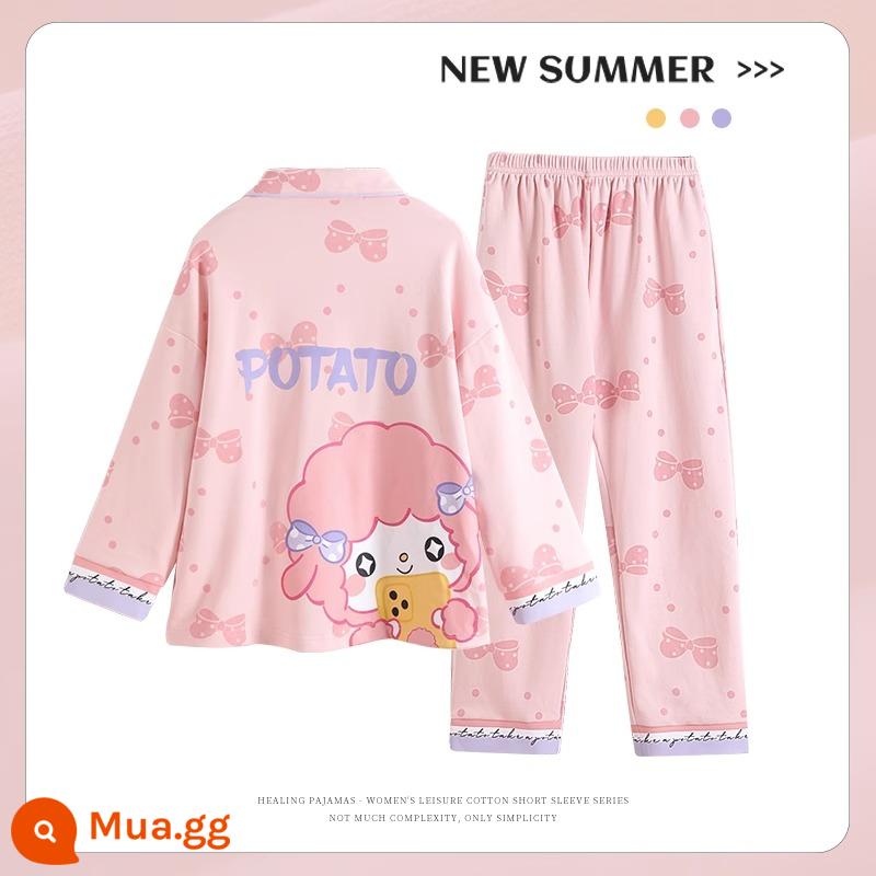 Bộ đồ ngủ trẻ em cotton nguyên chất mùa xuân và mùa thu dài tay mỏng phù hợp với bé gái phong cách nước ngoài bé gái quần áo nhà mới dễ thương - 31202G