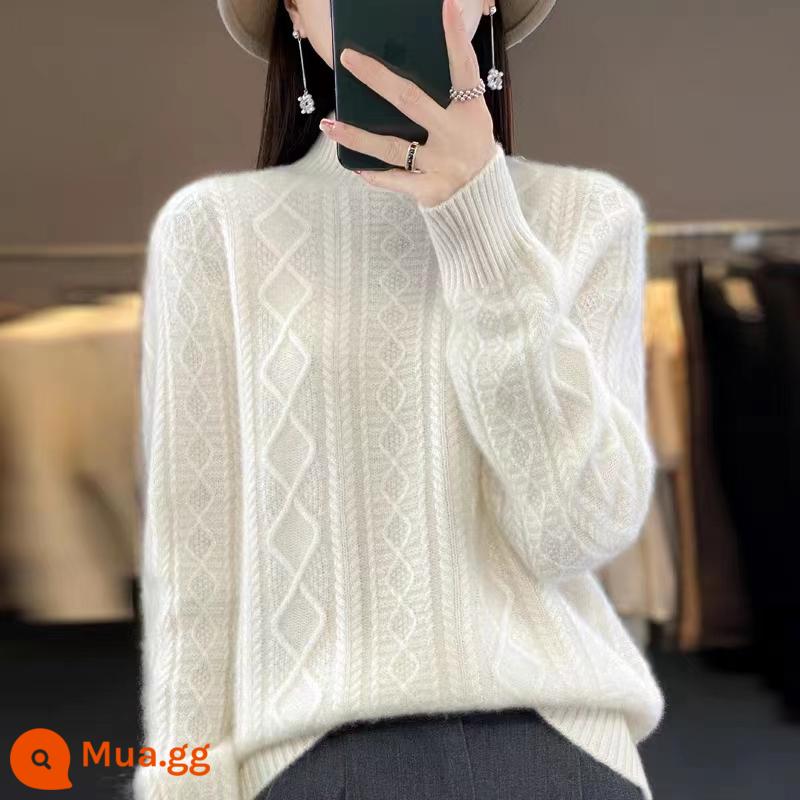 Hengyuanxiang Group Áo len cashmere đầy màu sắc dành cho nữ Cổ rùa nửa rộng Áo len dệt kim dày mùa thu đông - Trắng