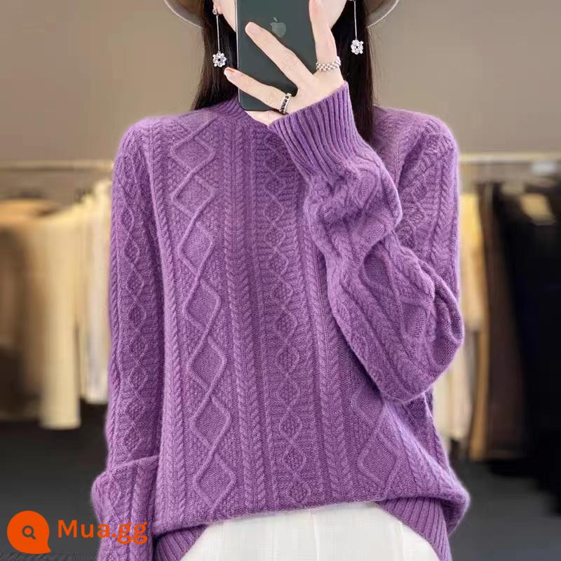 Hengyuanxiang Group Áo len cashmere đầy màu sắc dành cho nữ Cổ rùa nửa rộng Áo len dệt kim dày mùa thu đông - Màu tím