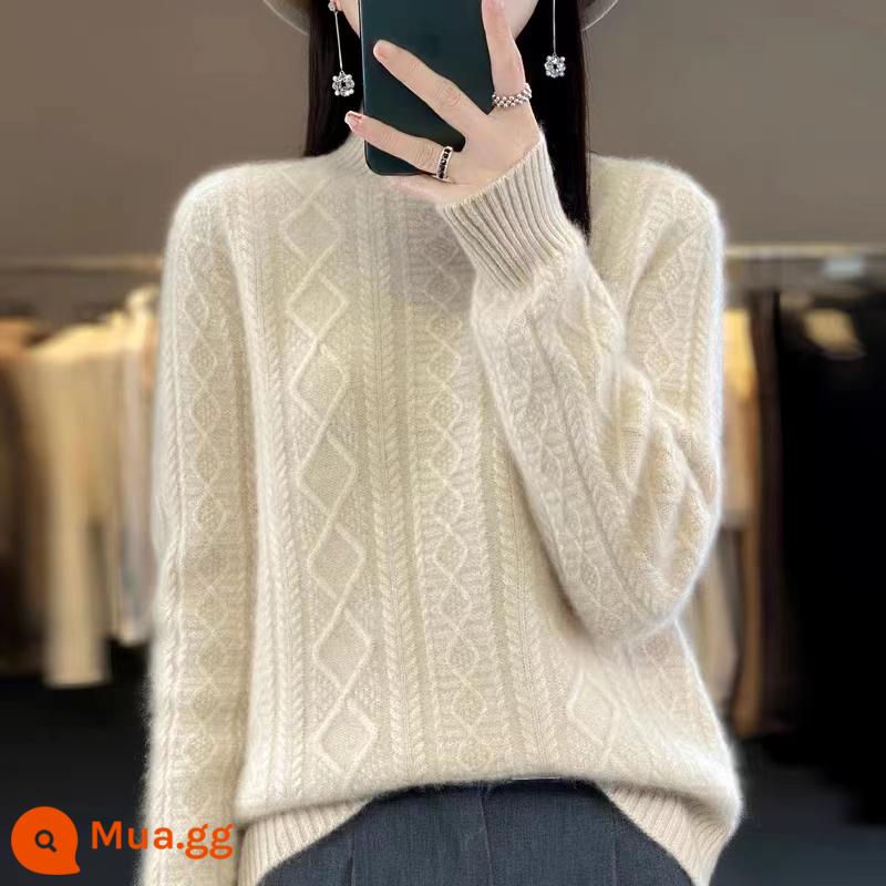 Hengyuanxiang Group Áo len cashmere đầy màu sắc dành cho nữ Cổ rùa nửa rộng Áo len dệt kim dày mùa thu đông - Gạo nhung thô