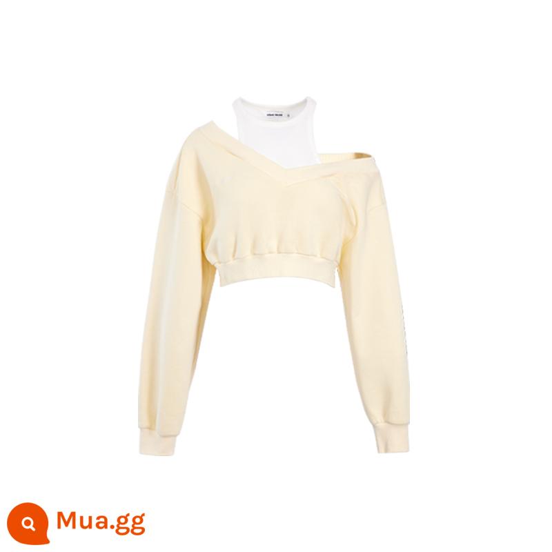 NIMO WANG Bộ váy thun cotton dày hai dây giả hai dây hợp thời trang lười biếng mặc ngắn tay dài tay - Bán trước áo len màu vàng phô mai