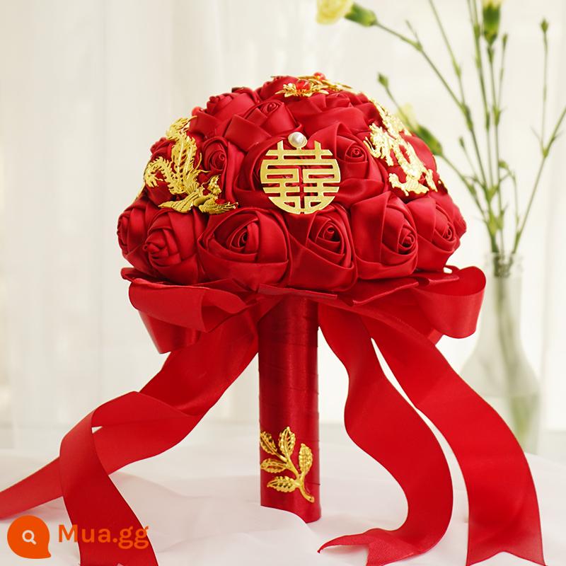 Bó Hoa Cô Dâu Handmade Lụa Hoa Trung Quốc Cưới Cô Dâu Chụp Ảnh Cưới Mô Phỏng Hoa Hồng Đỏ Phong Cách Trung Hoa Xiuhe Quần Áo - rồng phượng hoa hồng đỏ