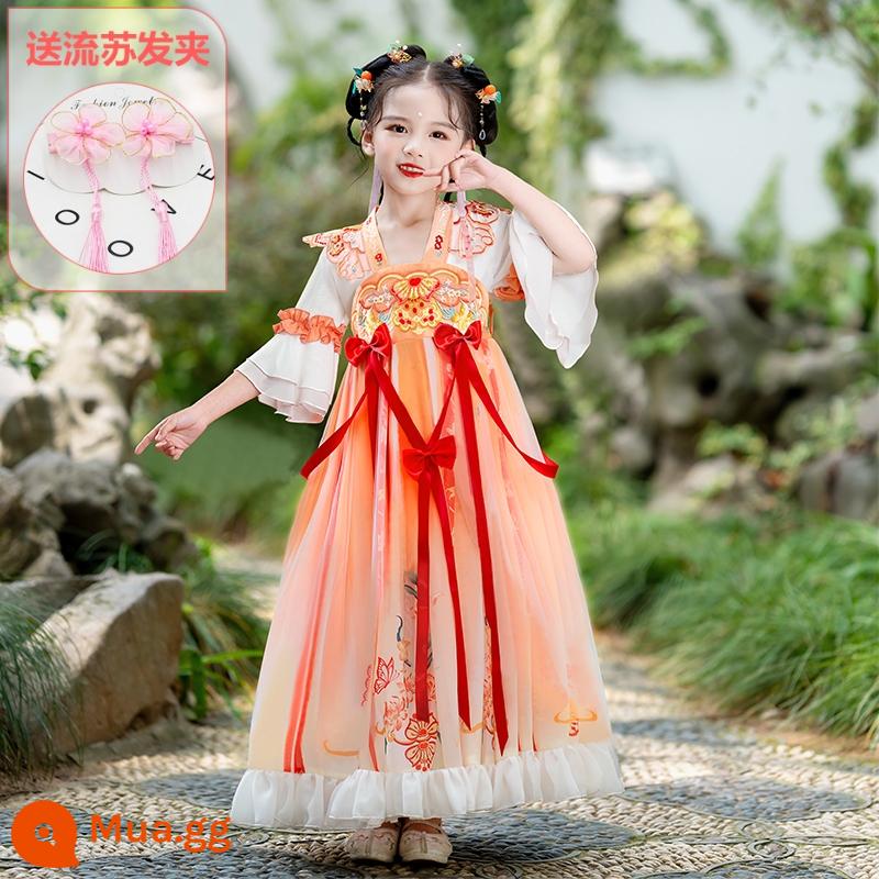 Hanfu Bé Gái Phong Cách Mùa Hè 2023 Trẻ Em Mới Cổ Trang Phục Trang Phục Siêu Tiên Sườn Xám Cô Gái Mùa Hè Cổ Đường Phù Hợp Với Mùa Hè - Tay áo ngắn màu cam, phụ kiện tóc tua rua miễn phí