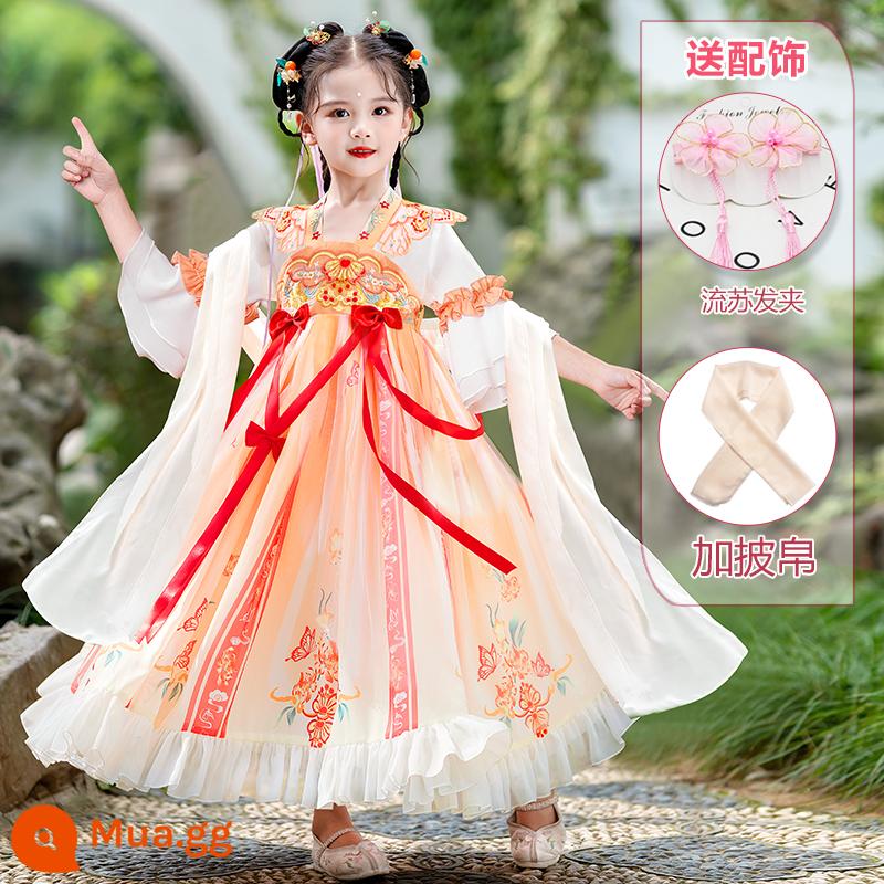 Hanfu Bé Gái Phong Cách Mùa Hè 2023 Trẻ Em Mới Cổ Trang Phục Trang Phục Siêu Tiên Sườn Xám Cô Gái Mùa Hè Cổ Đường Phù Hợp Với Mùa Hè - Tay áo ngắn màu cam + khăn lụa, phụ kiện tóc tua rua miễn phí