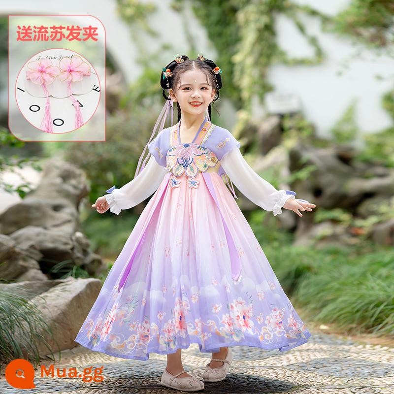 Hanfu Bé Gái Phong Cách Mùa Hè 2023 Trẻ Em Mới Cổ Trang Phục Trang Phục Siêu Tiên Sườn Xám Cô Gái Mùa Hè Cổ Đường Phù Hợp Với Mùa Hè - 81 Phụ kiện tóc tua rua miễn phí màu tím