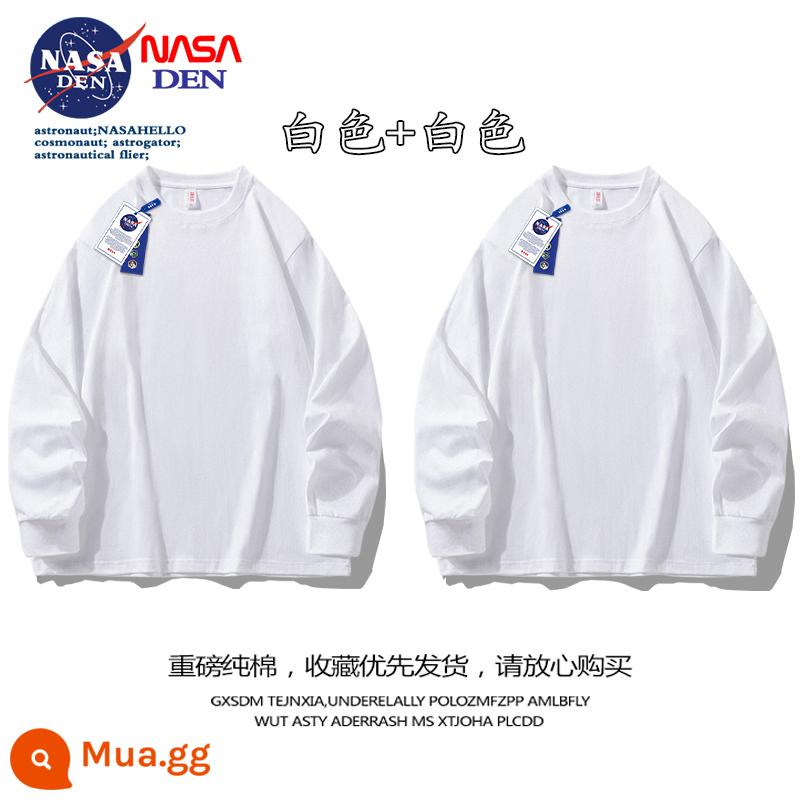 Áo thun nam dài tay nặng 260g đồng thương hiệu của Mỹ mùa xuân thu cotton nguyên chất màu trắng đáy áo sơ mi cổ tròn cotton dày dặn - trắng + trắng