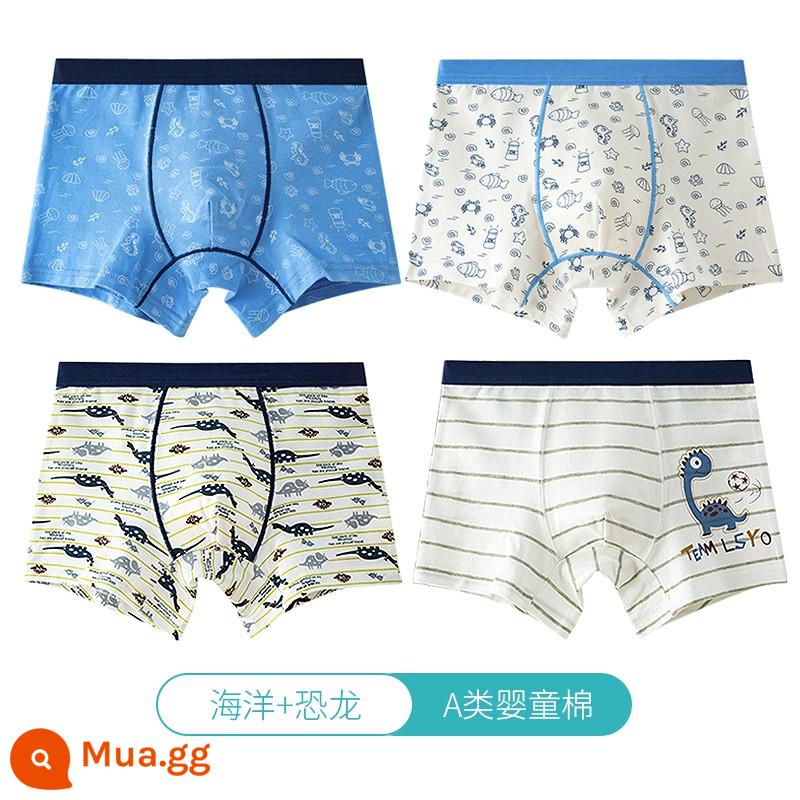 Quần lót trẻ em Langsha bé trai cotton nguyên chất thoáng khí bé trai cotton trung và lớn bé trai quần lót boxer 100%ZL - Đại dương + Khủng long