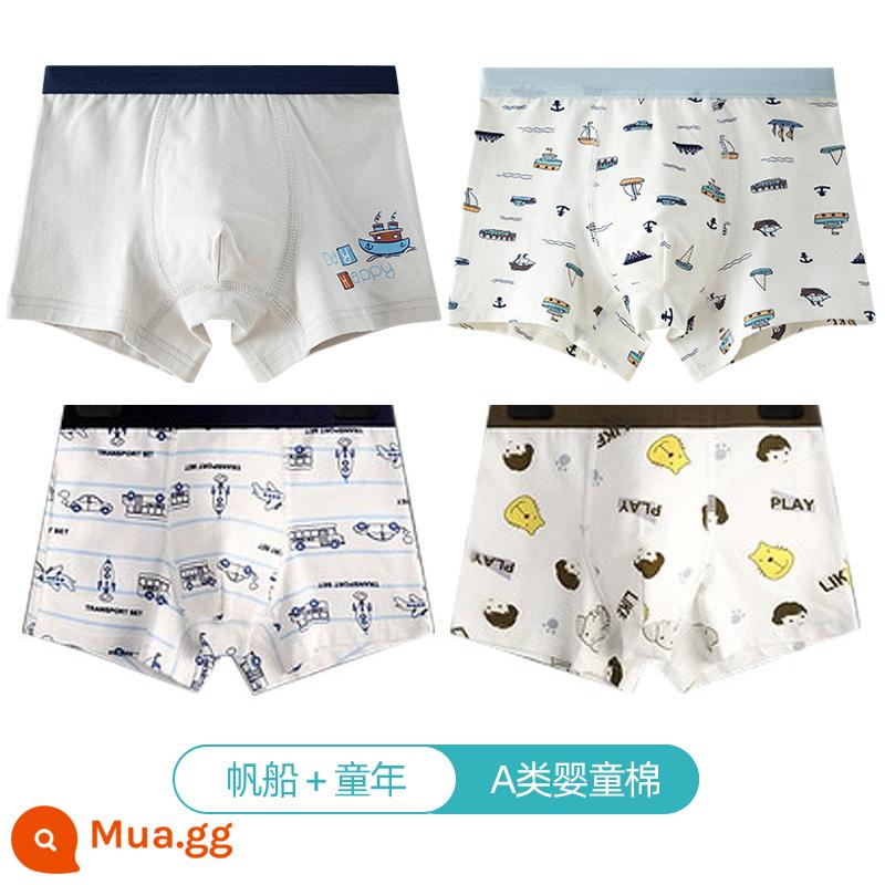 Quần lót trẻ em Langsha bé trai cotton nguyên chất thoáng khí bé trai cotton trung và lớn bé trai quần lót boxer 100%ZL - Đi thuyền + tuổi thơ