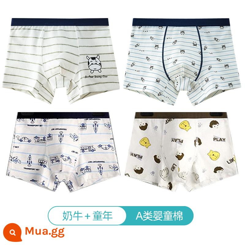 Quần lót trẻ em Langsha bé trai cotton nguyên chất thoáng khí bé trai cotton trung và lớn bé trai quần lót boxer 100%ZL - Bò + tuổi thơ