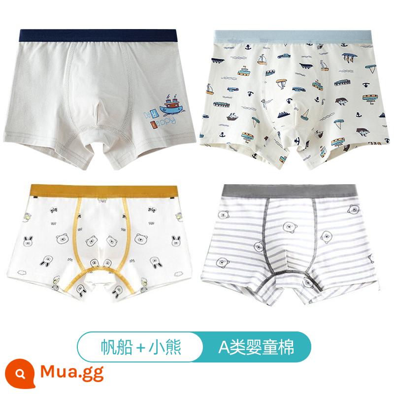 Quần lót trẻ em Langsha bé trai cotton nguyên chất thoáng khí bé trai cotton trung và lớn bé trai quần lót boxer 100%ZL - Thuyền buồm + gấu