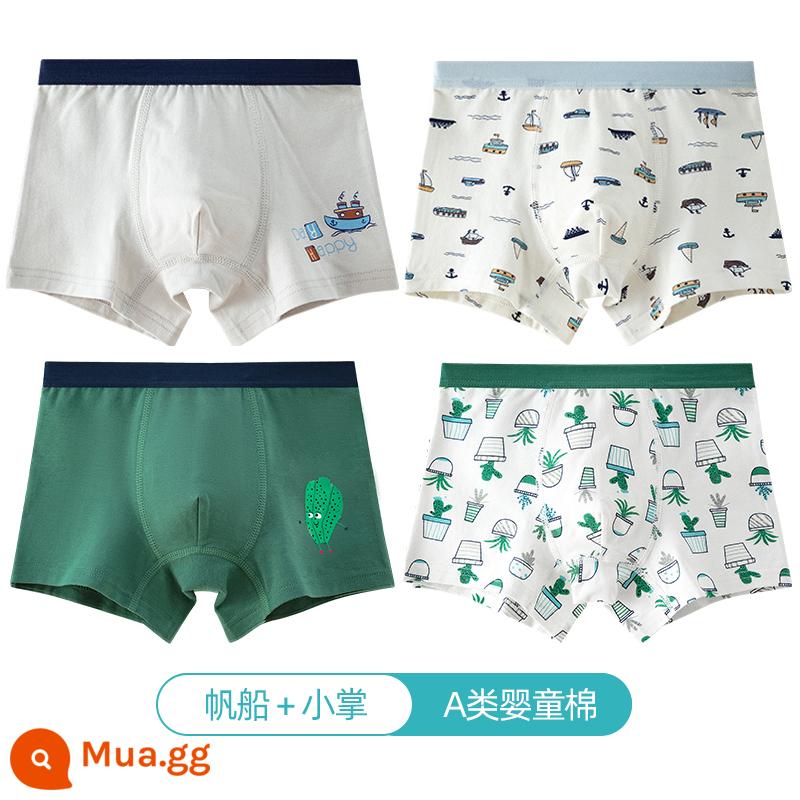 Quần lót trẻ em Langsha bé trai cotton nguyên chất thoáng khí bé trai cotton trung và lớn bé trai quần lót boxer 100%ZL - Thuyền buồm + cọ nhỏ