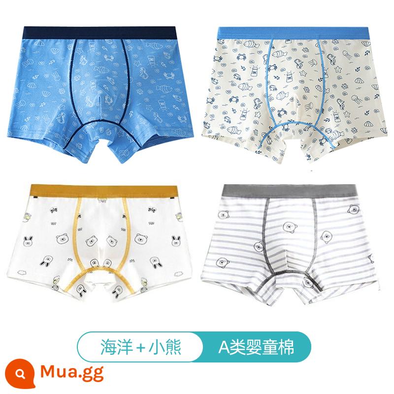 Quần lót trẻ em Langsha bé trai cotton nguyên chất thoáng khí bé trai cotton trung và lớn bé trai quần lót boxer 100%ZL - Đại Dương + Gấu