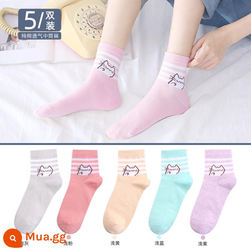 Vớ Langsha vớ ống giữa của phụ nữ mùa xuân và mùa thu vớ cotton mỏng màu đen vớ cotton nguyên chất vớ cotton ống dài mùa hè vớ mùa đông của phụ nữ - 330[5 đôi] [Bốn Mùa] Xám nhạt 1 hồng nhạt 1 vàng nhạt 1 xanh nhạt 1 tím nhạt 1