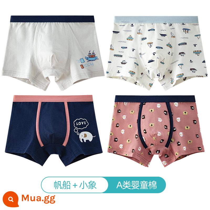 Quần lót trẻ em Langsha bé trai cotton nguyên chất thoáng khí bé trai cotton trung và lớn bé trai quần lót boxer 100%ZL - Thuyền buồm + voi con