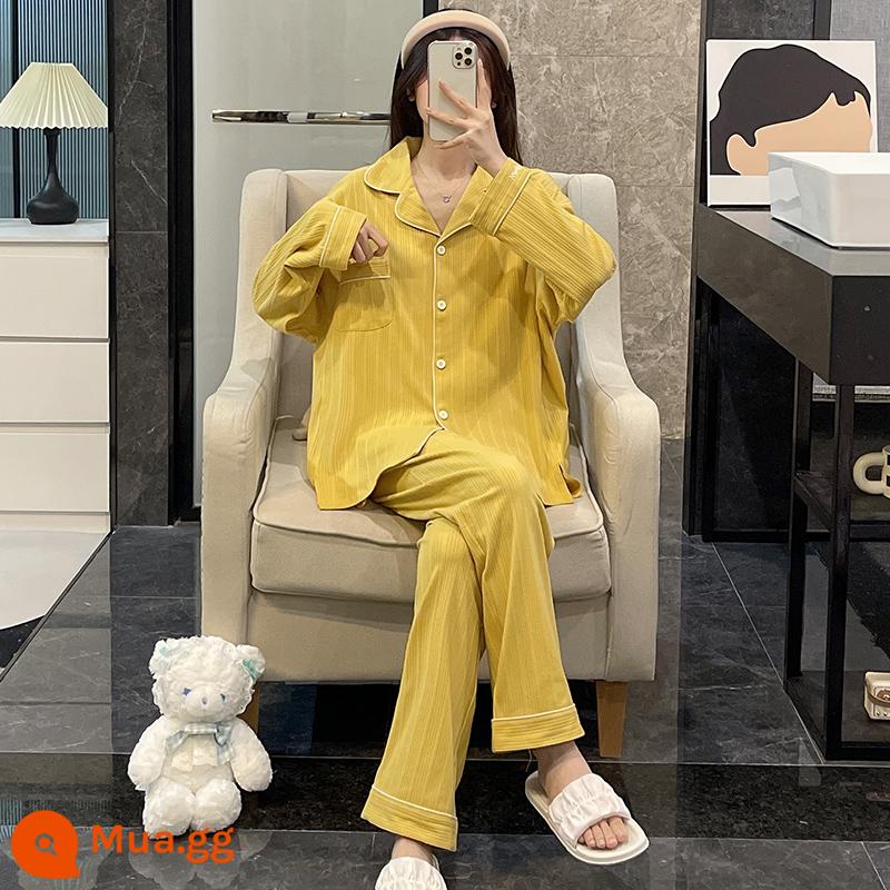 Bộ đồ ngủ nữ xuân thu dài tay cotton nguyên chất 2022 cotton mới size lớn 200 catties lưới đỏ bộ đồ đông hè phục vụ tận nhà - DJ-1496 Nghệ