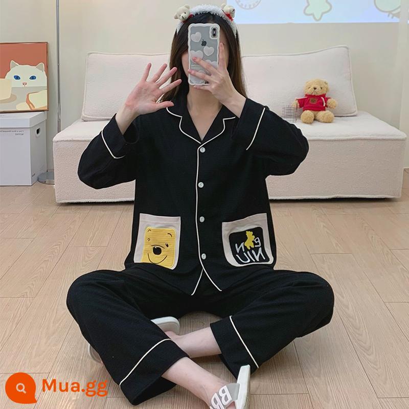 Bộ đồ ngủ nữ mùa xuân và mùa thu 2022 cotton dài tay cỡ lớn màu đen lưới đỏ phong cách áo khoác ngoài mùa đông phù hợp với dịch vụ tại nhà - Màu sắc: WD-S1304 đen